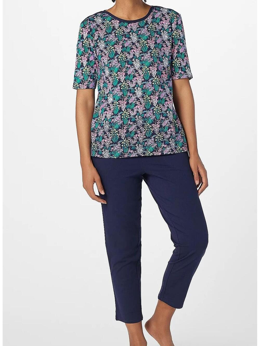 Stan Herman Floral Short-Sleeve Lounge Top / Navy Pants Set